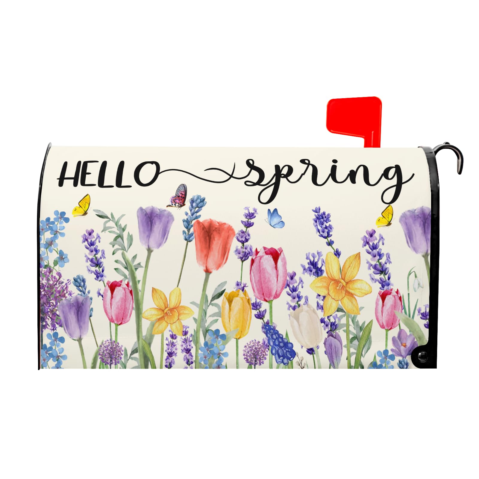 Kawani Hello Spring mailbox cover with tulip lavender butterfly boosts curb appeal.