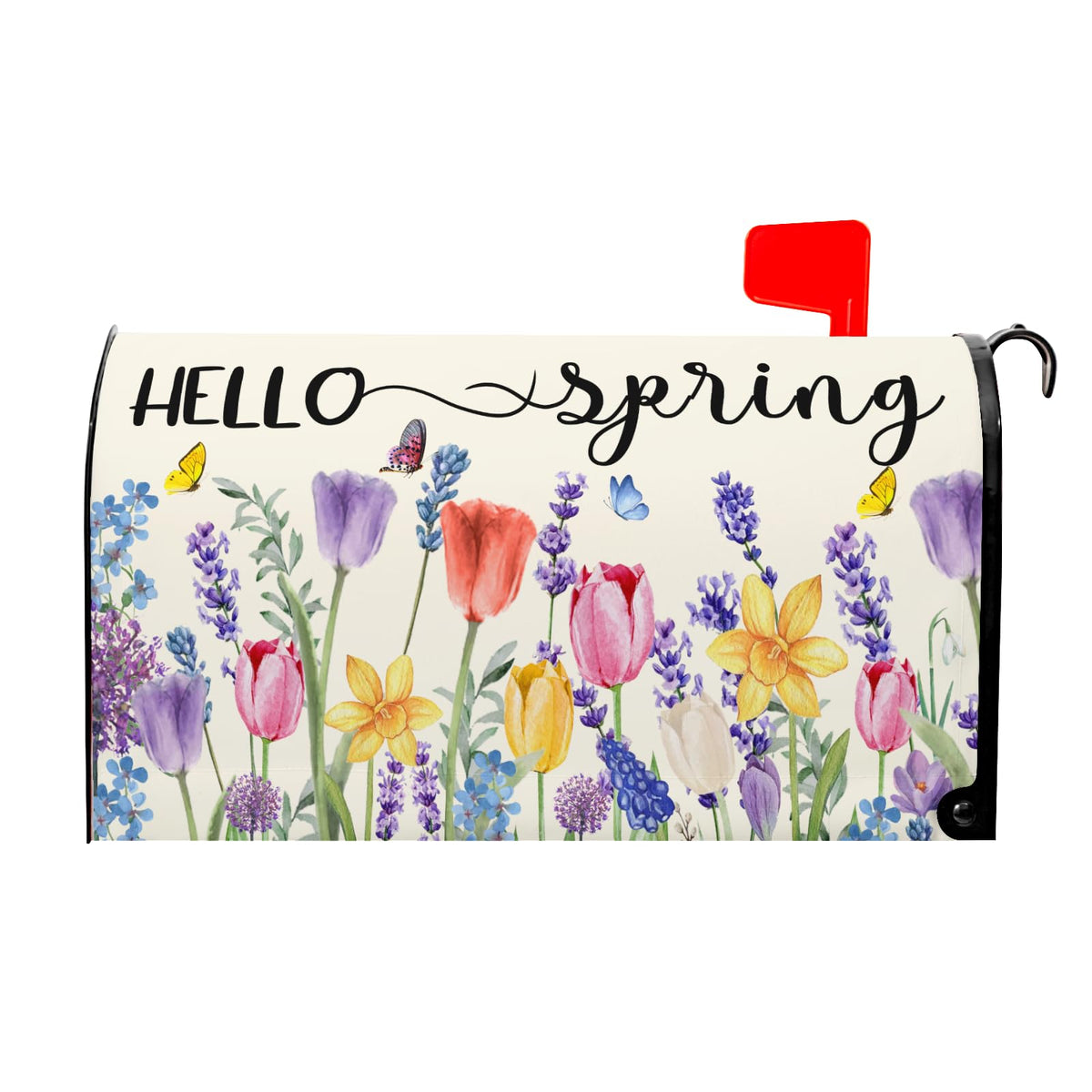 Kawani Hello Spring mailbox cover with tulip lavender butterfly boosts curb appeal.