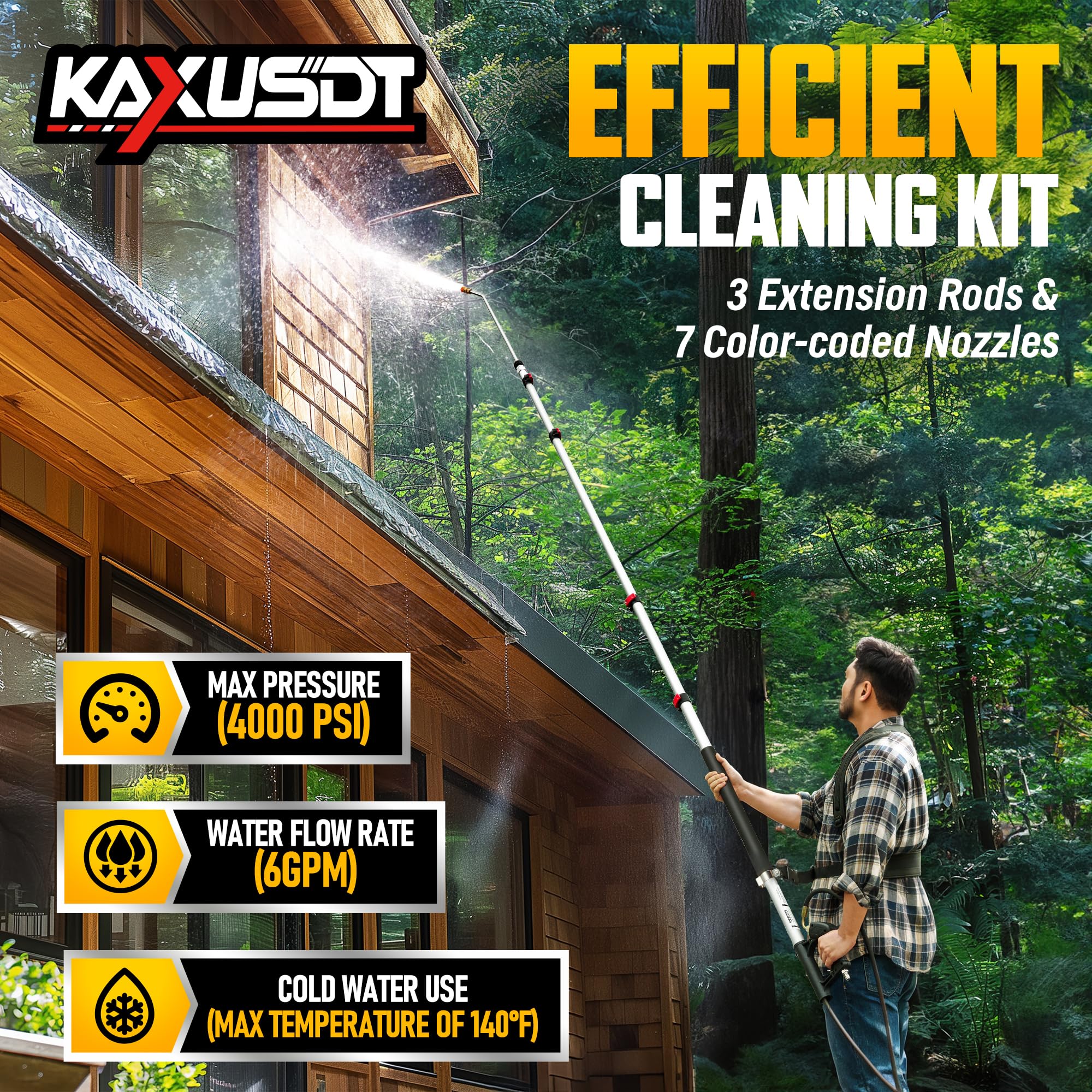 KAXUSDT extension wand attachments for diverse cleaning configurations.