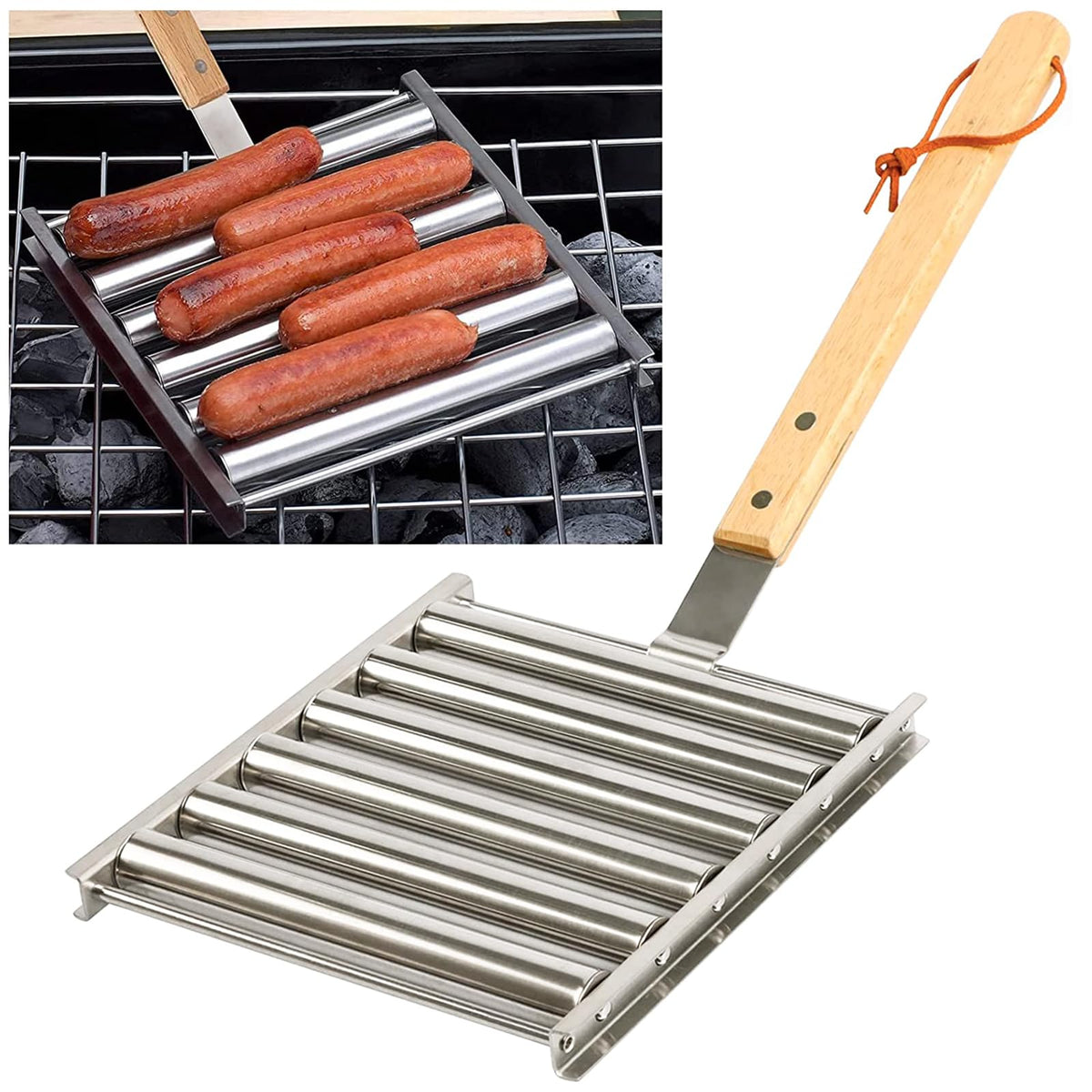 KAYCROWN hot dog roller with extra long wood handle for safer, easier grilling.