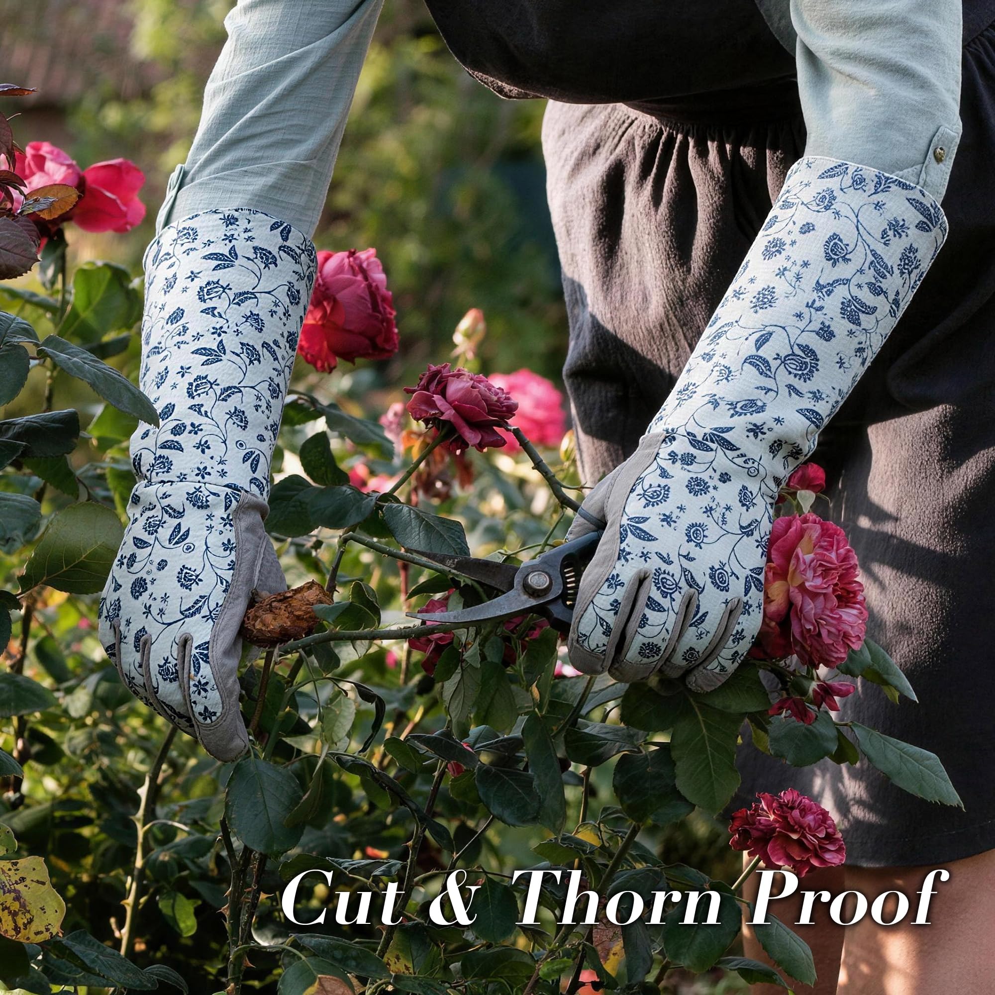 KAYGO elbow-length gauntlet cuff guards forearms during yard work