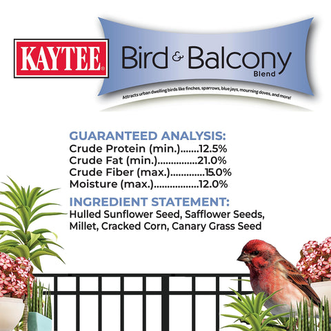 Kaytee outdoor seed mix with natural ingredients supports safe, hearty birds on urban balconies.