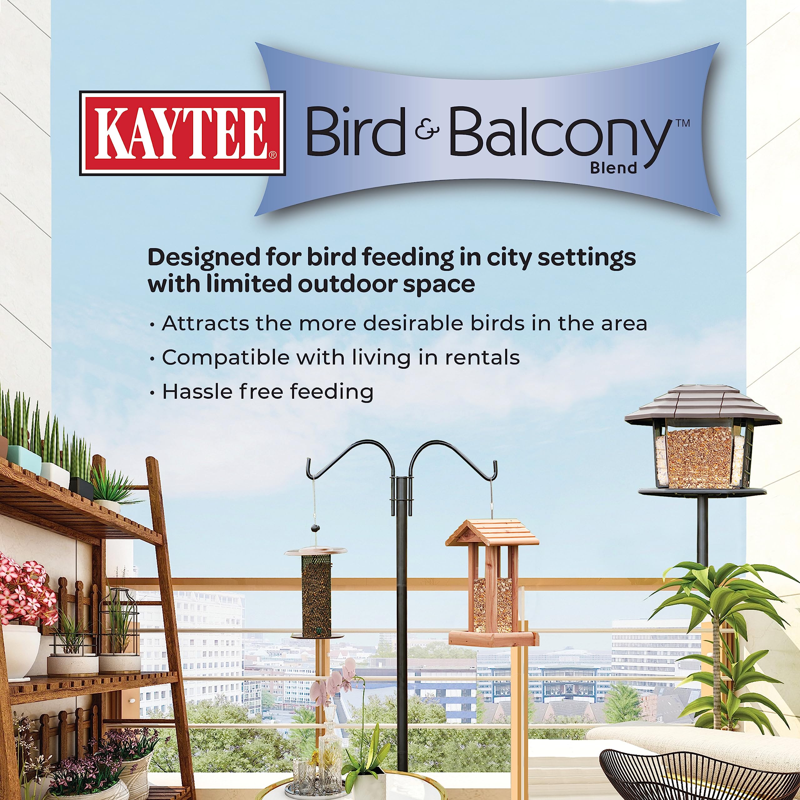 Kaytee balcony blend uses sunflower seeds as main ingredient for city birds.