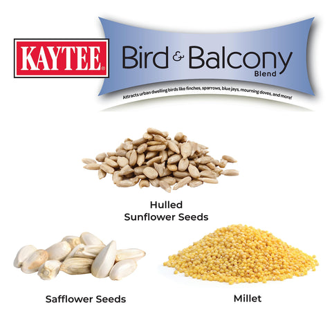 Kaytee seed blend with natural ingredients simplifies balcony feeding and maintenance.