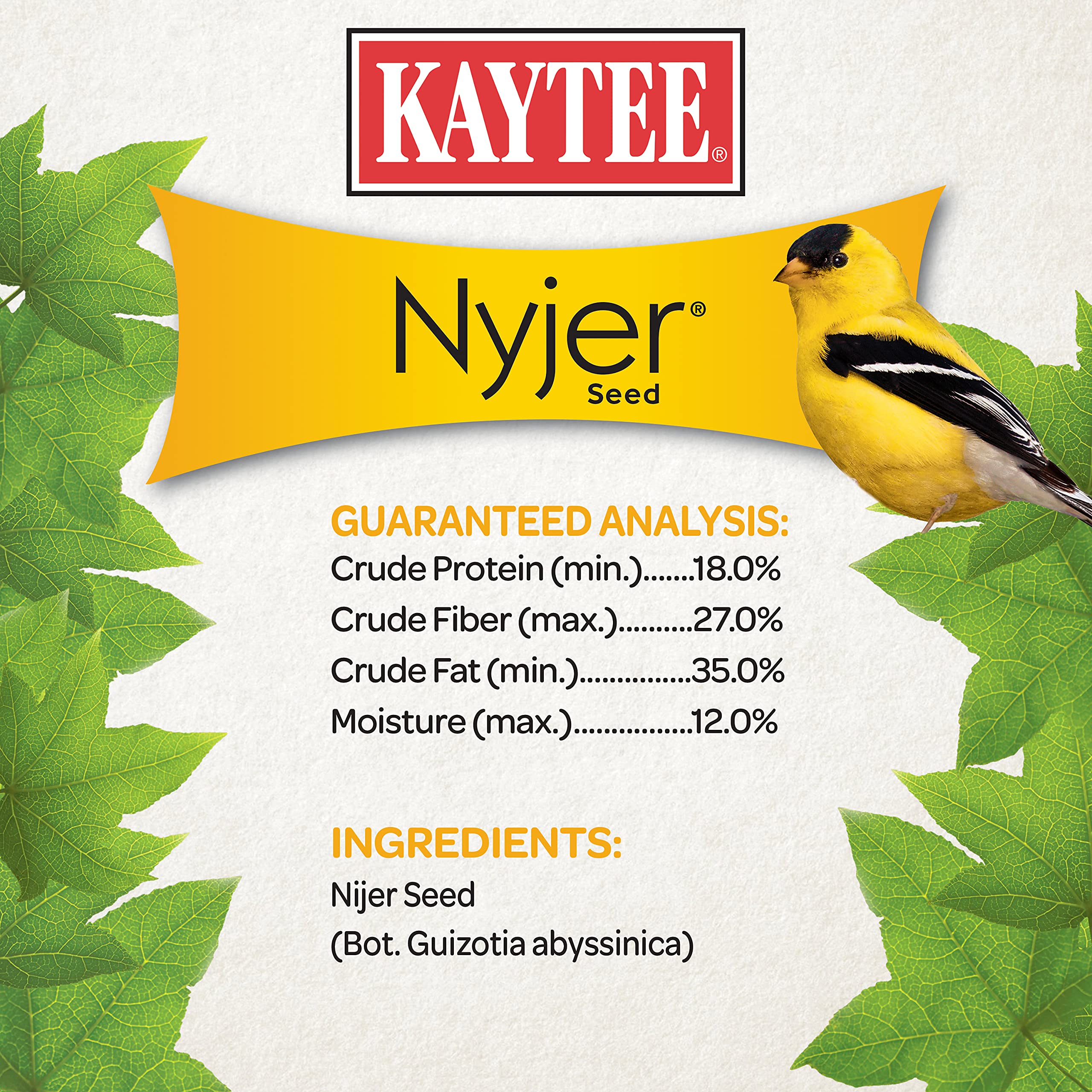 Kaytee Nyjer Seed packaging emphasizes hull-free, nutritious bird food.