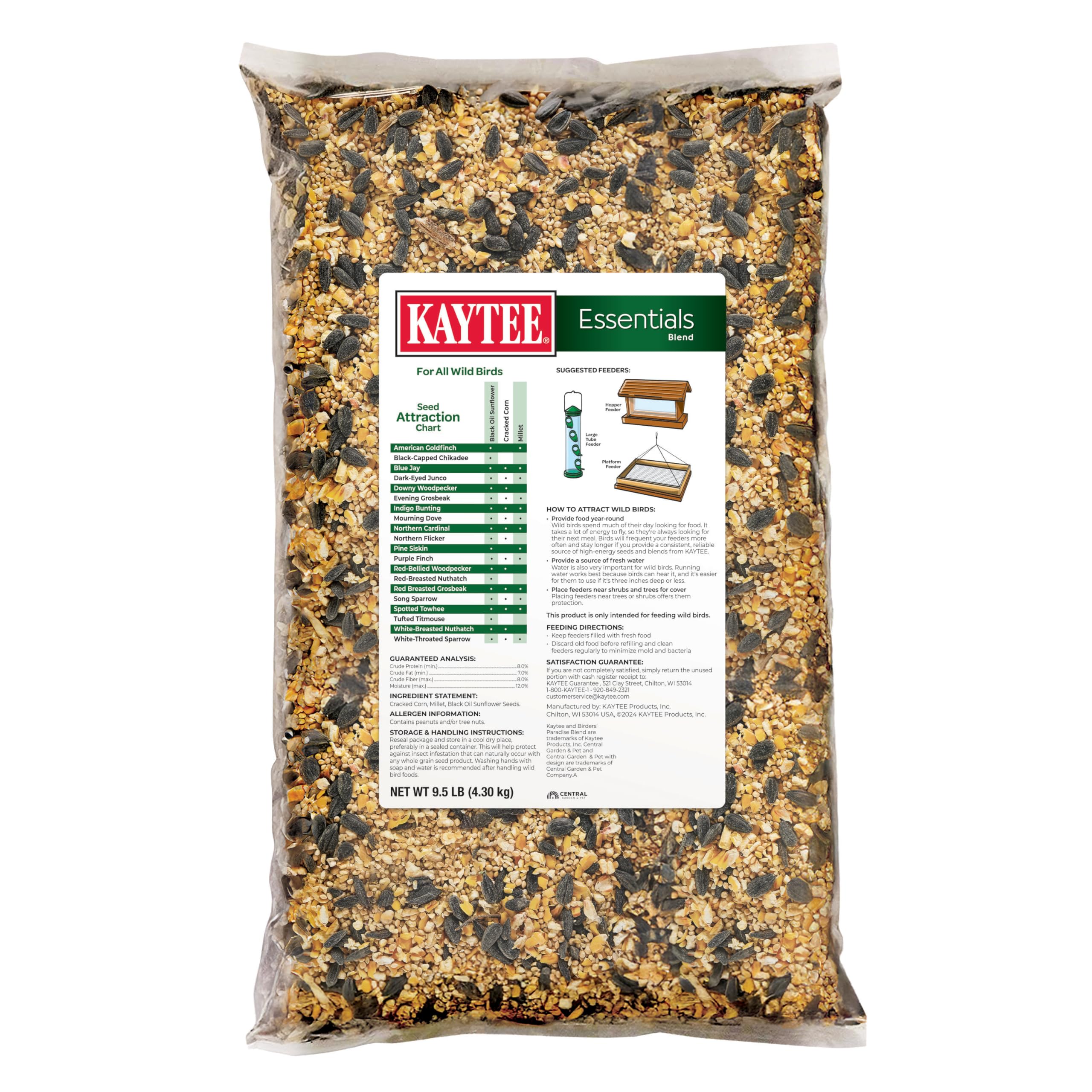 Kaytee Essentials Blend shows minimal seed spillage around the feeder