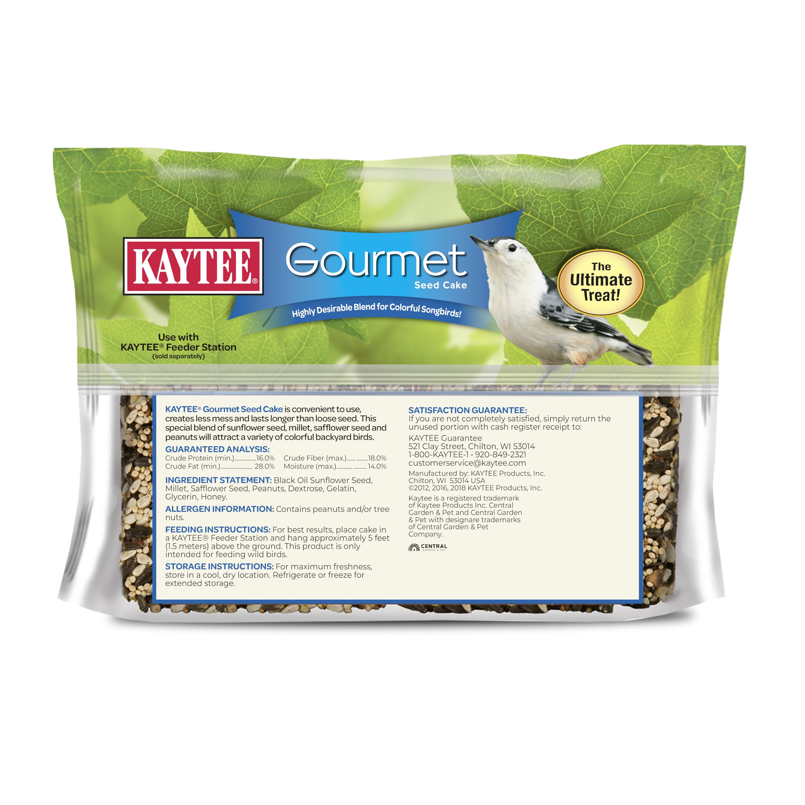 Kaytee Gourmet Seed Cake on cake feeder, reducing waste while feeding birds.