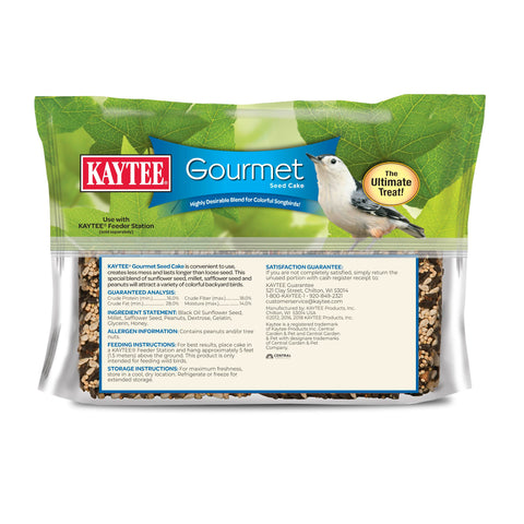 Kaytee Gourmet Seed Cake on cake feeder, reducing waste while feeding birds.