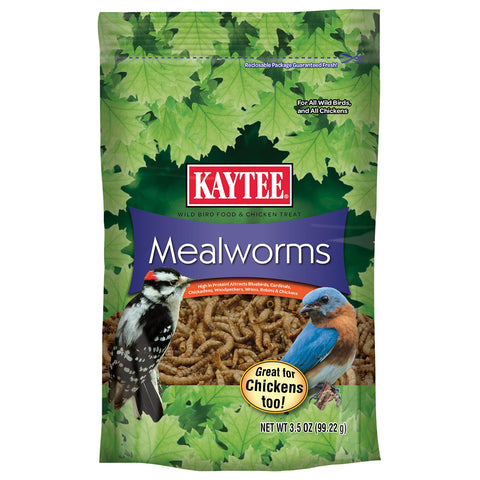 Kaytee Meal Worm Wild Bird Food packaging in a 3.5 oz bag for easy storage and feeding.