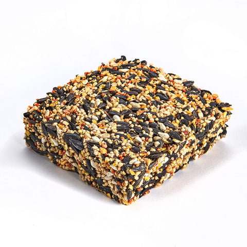 Kaytee Seed Cake ingredients chart reveals sunflower seeds, peanuts, safflower, pecans.