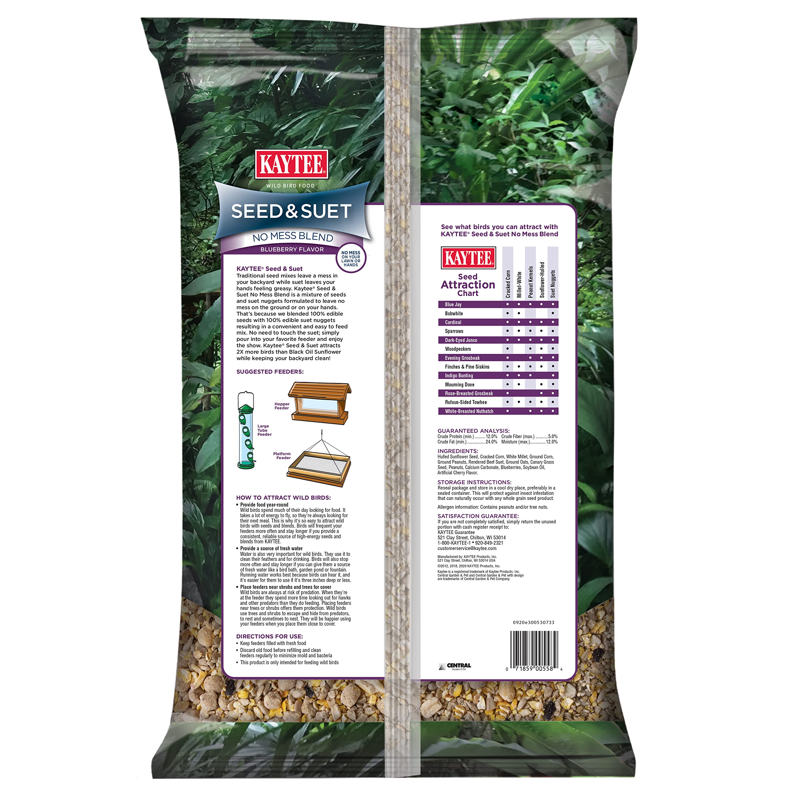 Kaytee Seed & Suet No Mess Blueberry attracts birds at feeder, clean yard.