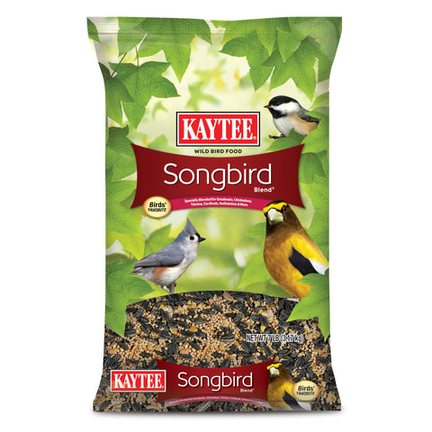Kaytee Songbird Blend bag front highlighting premium seeds to attract colorful songbirds