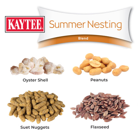 Kaytee Summer Nesting Seed Blend backyard scene with visiting birds.