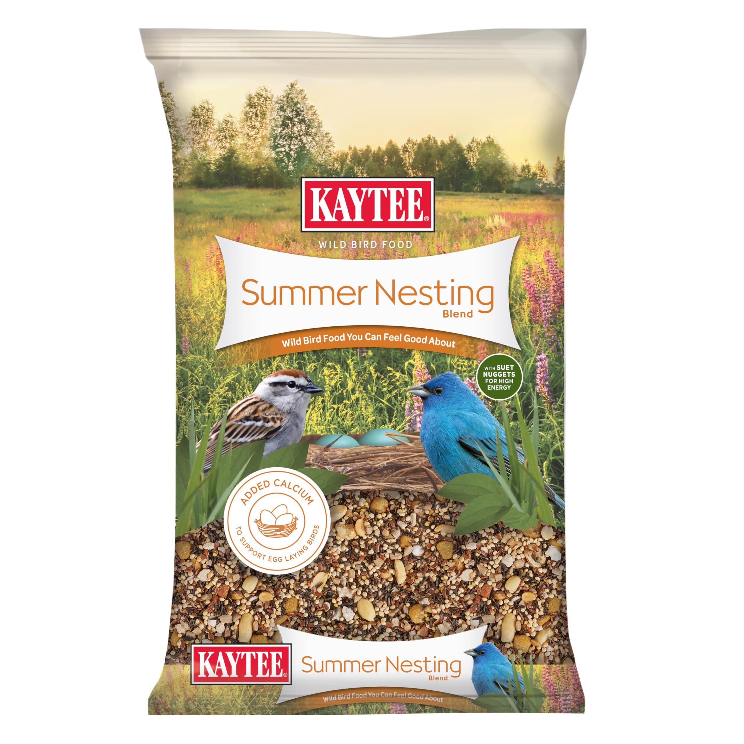 Kaytee Summer Nesting Seed Blend bag front, featuring diverse seeds to attract nesting birds.