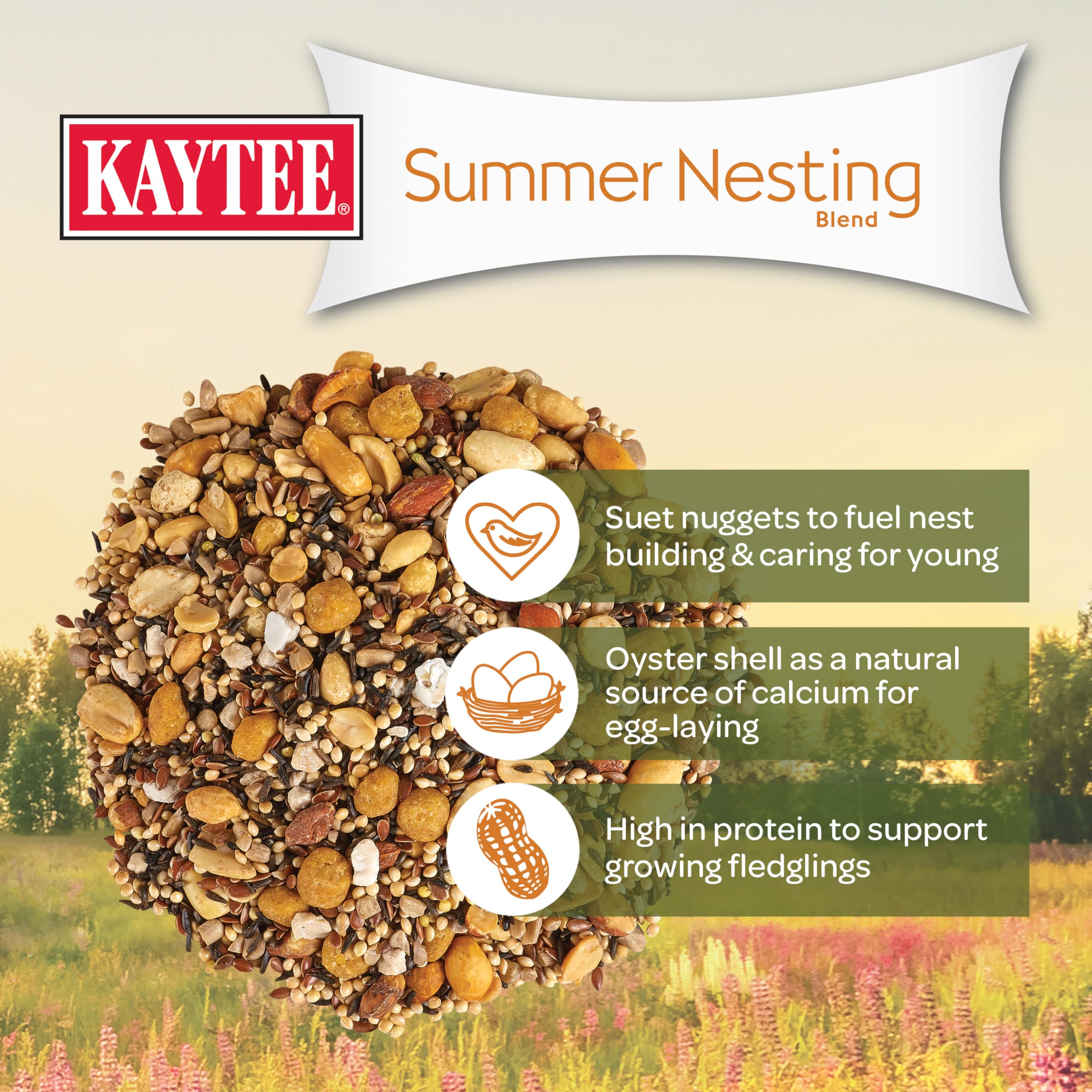 Kaytee Summer Nesting Seed Blend seeds and nuts mix highlighted in bowl.