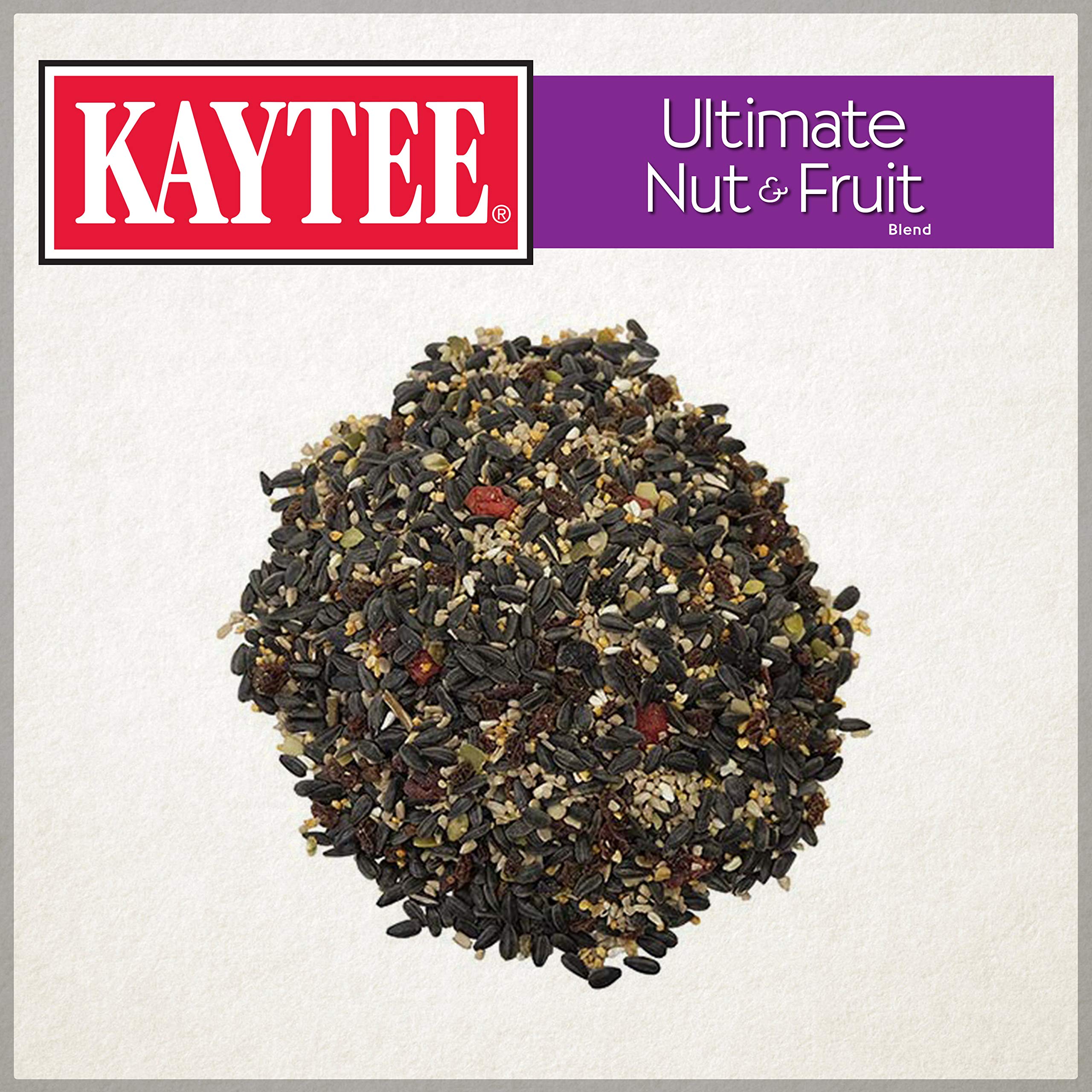 Kaytee Ultimate Nut & Fruit Blend on hopper feeder attracting diverse songbirds