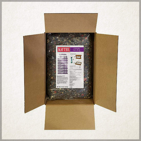 Kaytee Ultimate Nut & Fruit Blend seed bag open with nuts and cherries