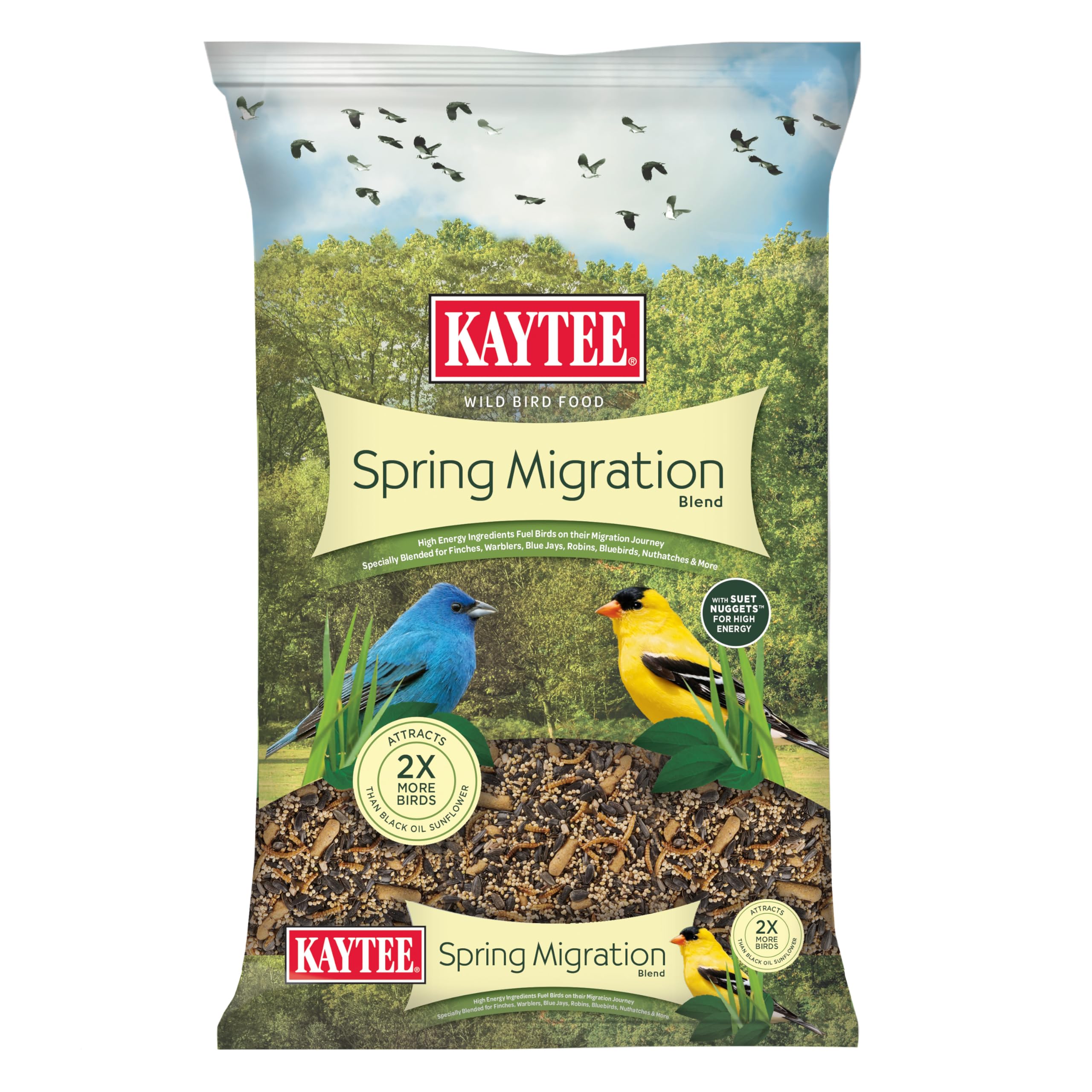Kaytee Wild Bird Food Spring Migration seed blend packaging showing high-energy nutrition