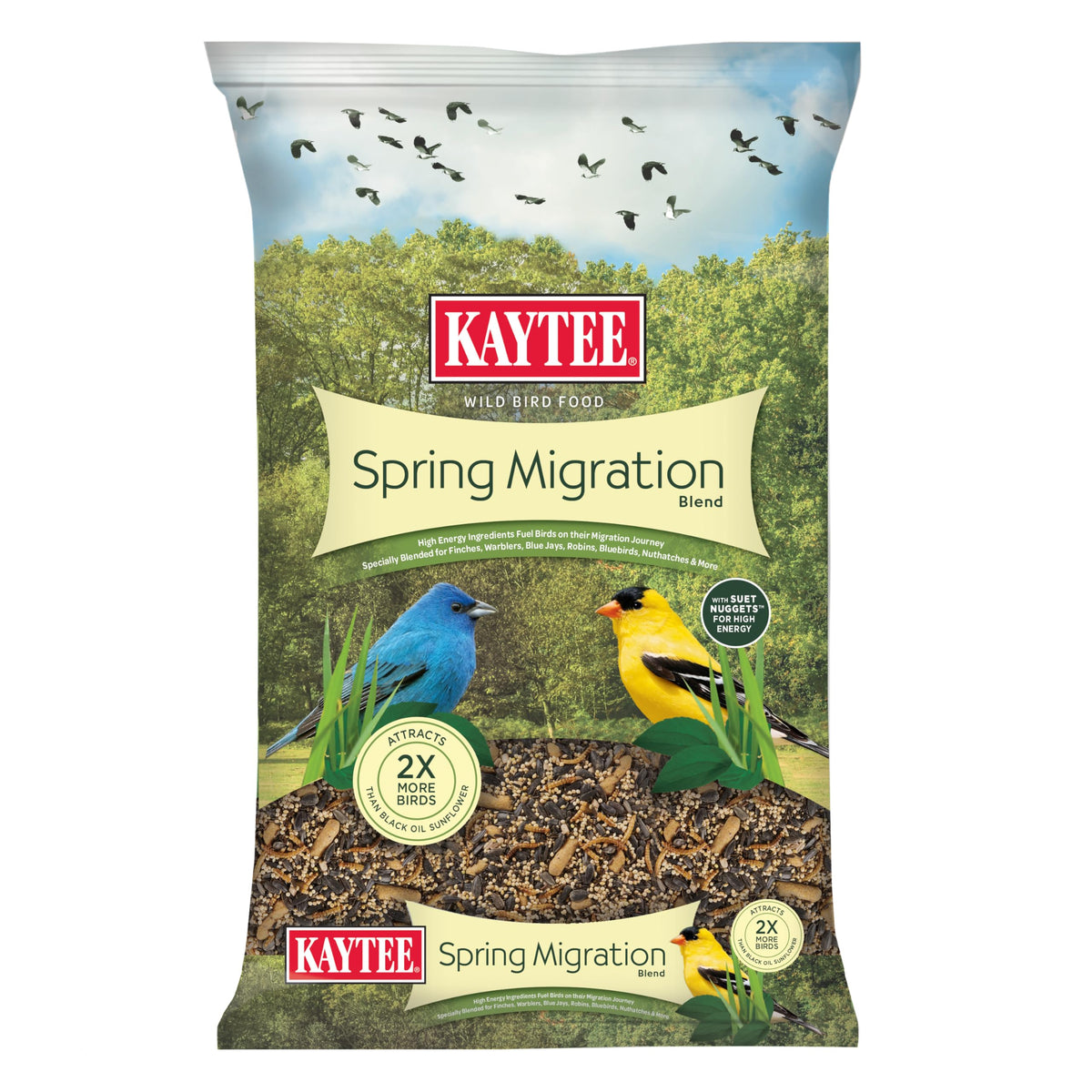 Kaytee Wild Bird Food Spring Migration seed blend packaging showing high-energy nutrition