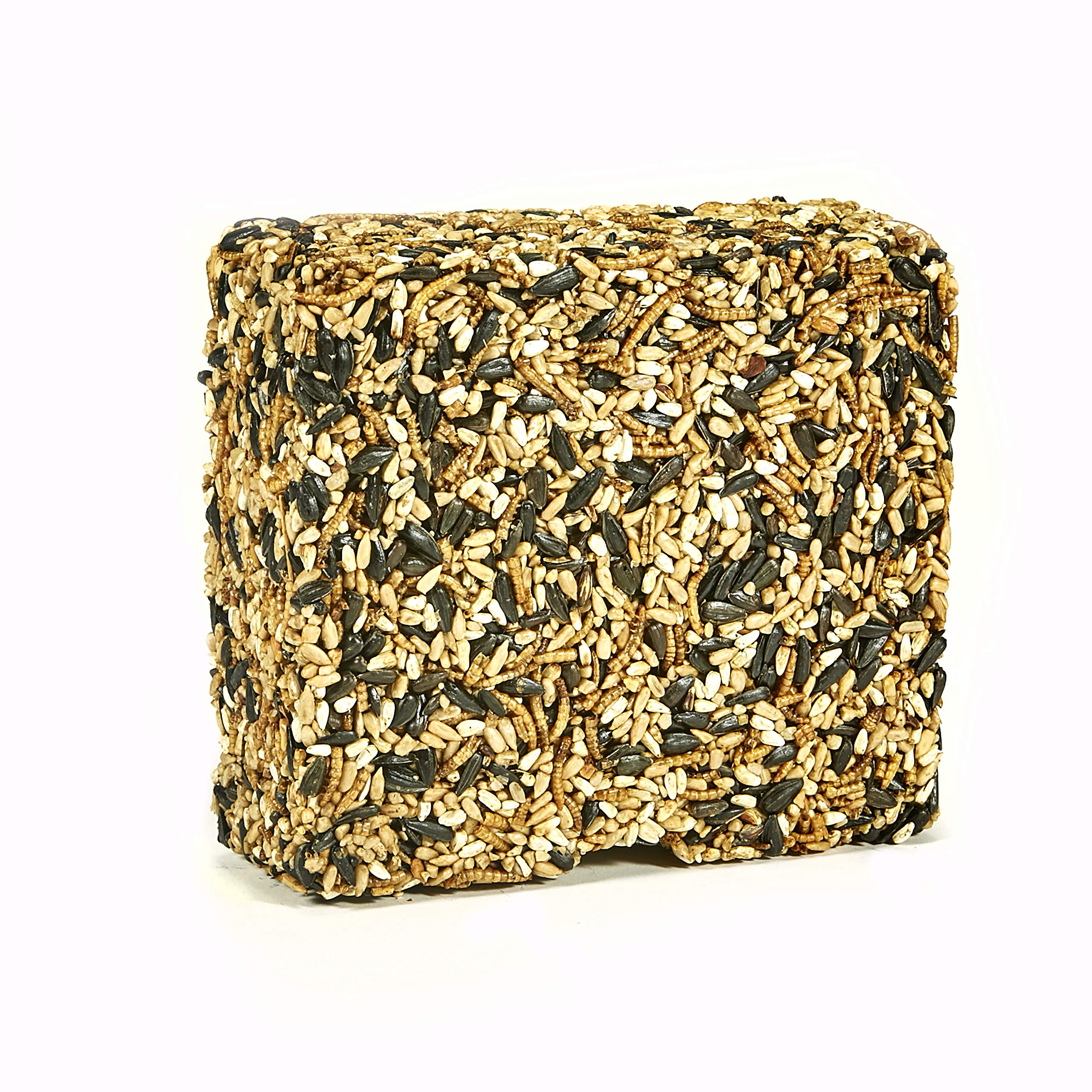 Kaytee Wild Bird Seed & Mealworm Treat Cake sits neatly in an outdoor seed cake feeder