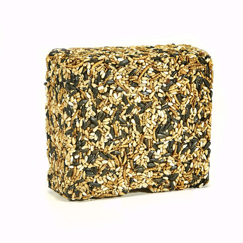 Kaytee Wild Bird Seed & Mealworm Treat Cake sits neatly in an outdoor seed cake feeder