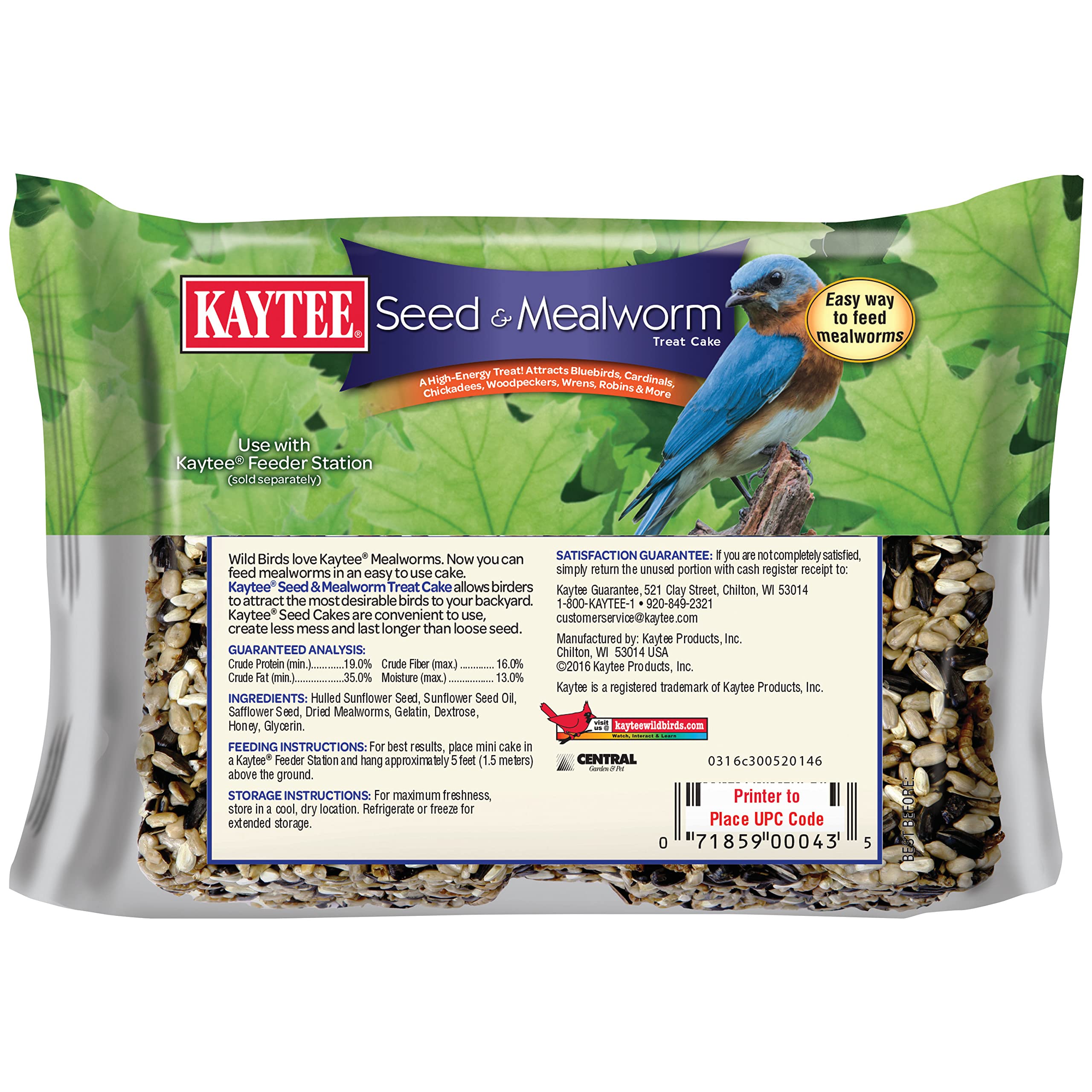 Kaytee Wild Bird Seed & Mealworm Treat Cake ingredients closeup shows quality components.