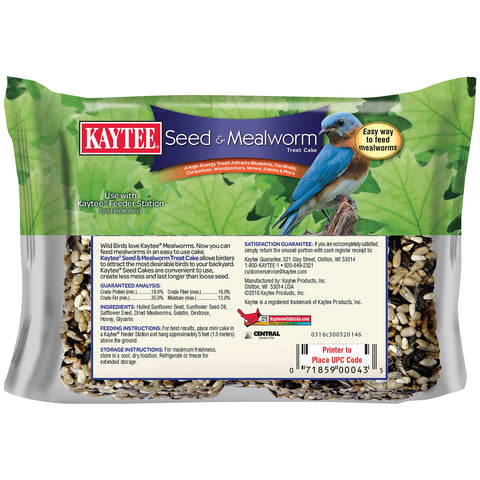 Kaytee Wild Bird Seed & Mealworm Treat Cake ingredients closeup shows quality components.