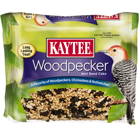 Kaytee Woodpecker Mini Seed Cake closeup highlights premium ingredients for birds.