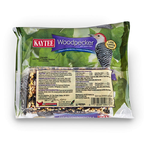Kaytee Woodpecker Mini Seed Cake in feeder shows ready-to-feed convenience.