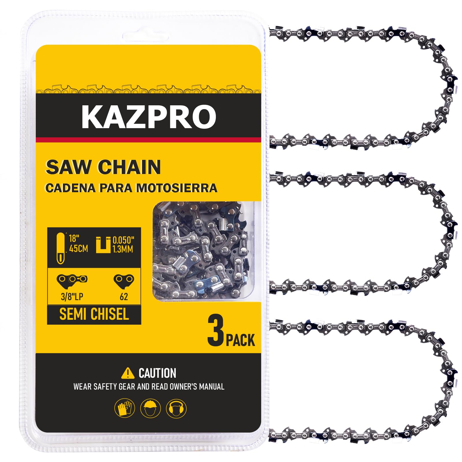 KAZPRO 18 inch chain front view highlighting low kickback design for safer cuts.