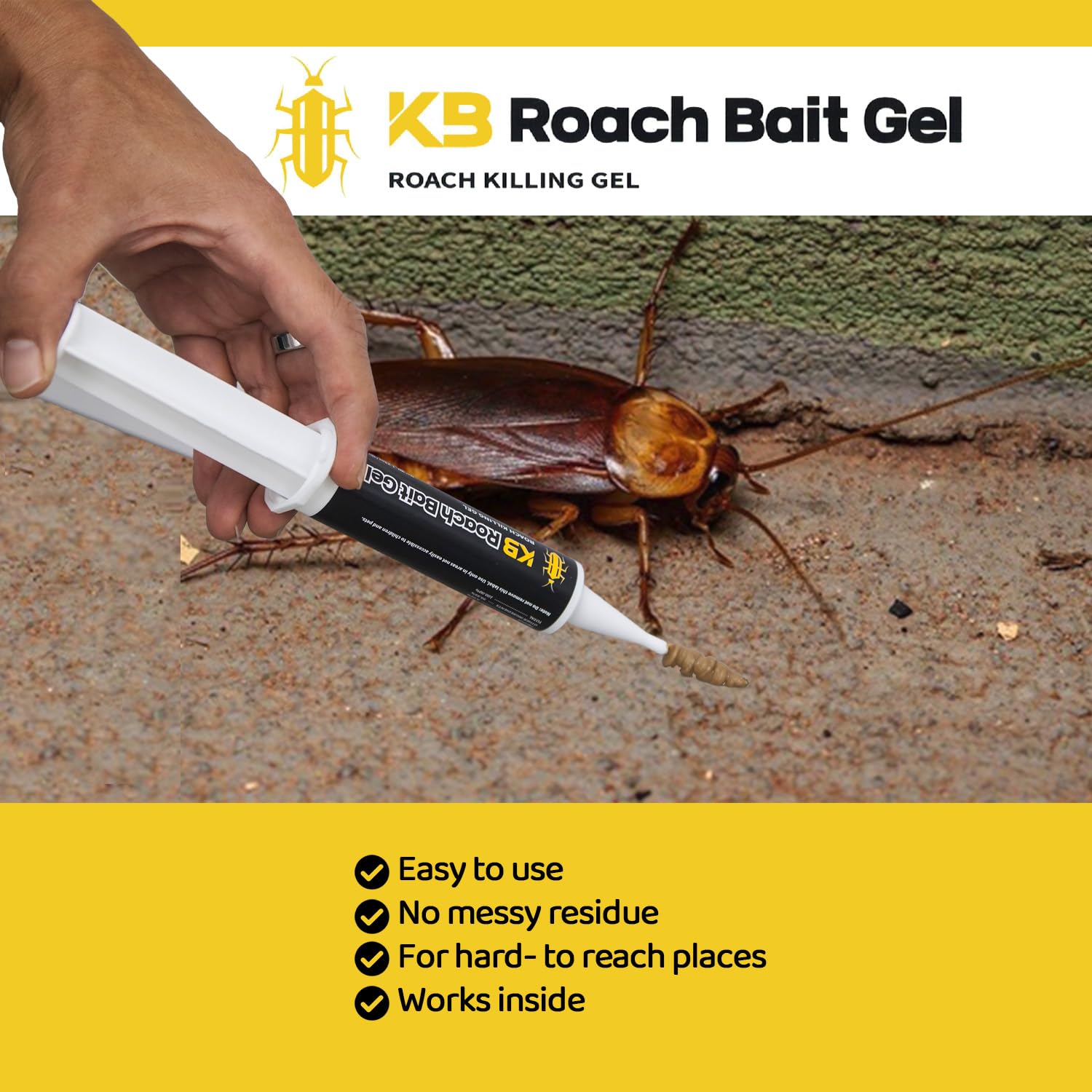 KB Roach Bait Gel used indoors for infestation management.