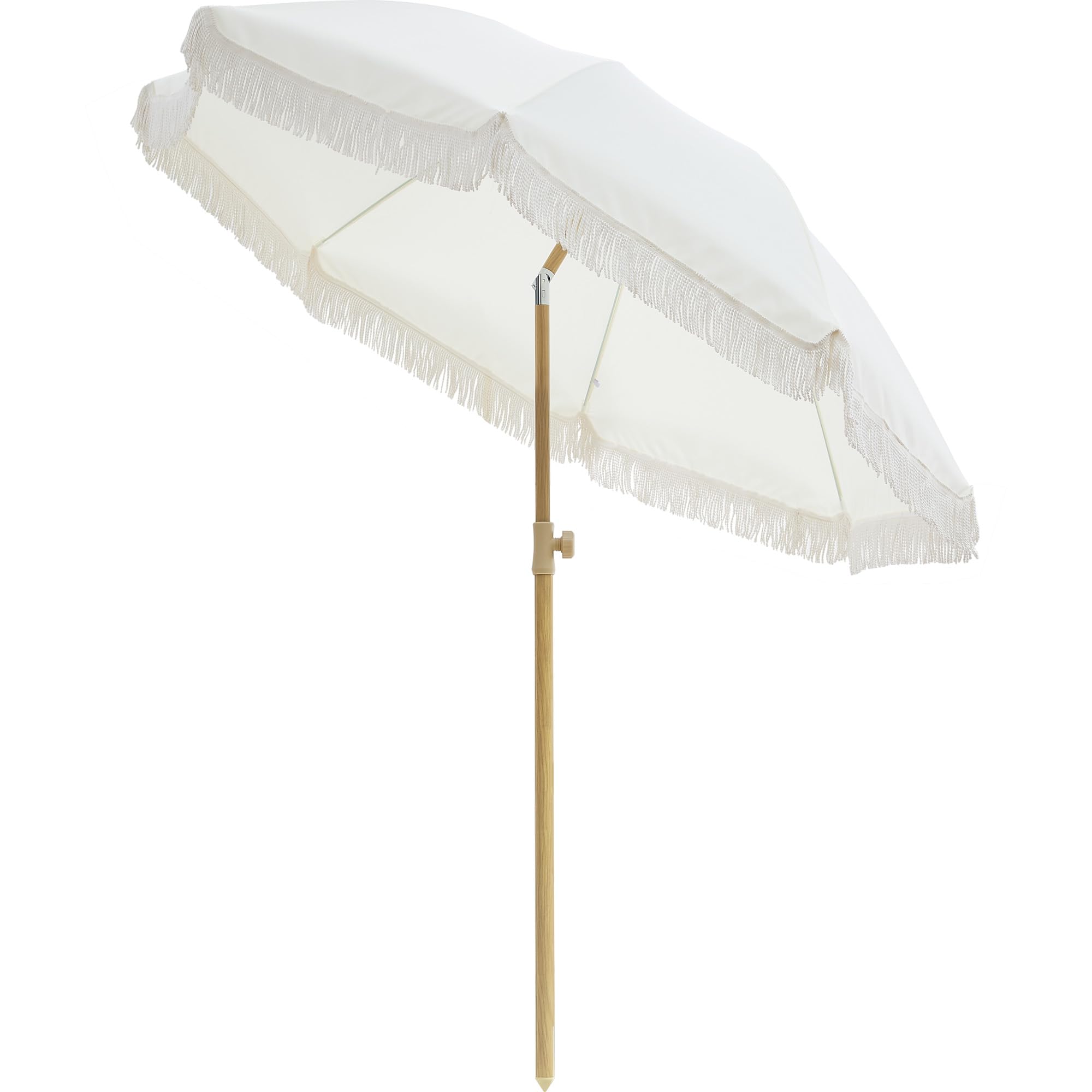 Kbrellaoutlets Patio Fringe Umbrella tilt mechanism offering adjustable shade for comfort