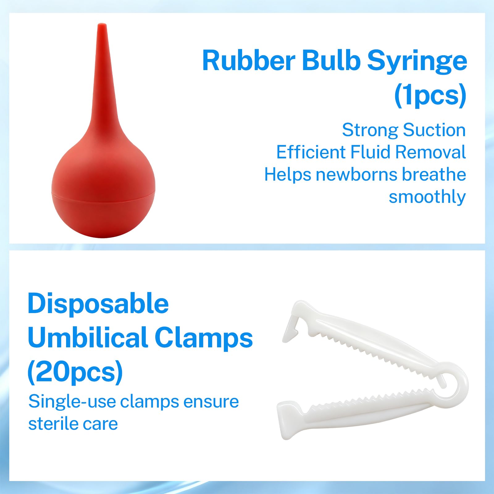 KBVASOTZ sterile umbilical clamps 20-pack enables quick one-handed application.