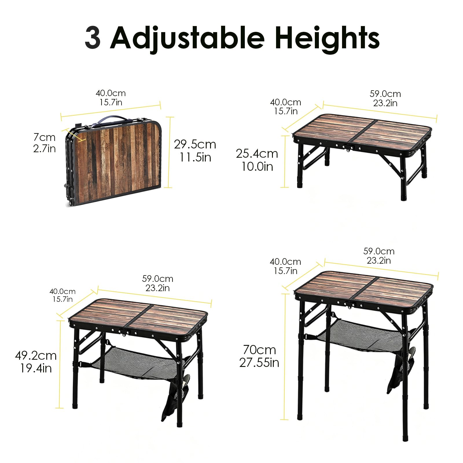 Kcmploro fold table shows mesh shelf for extra storage during picnics.