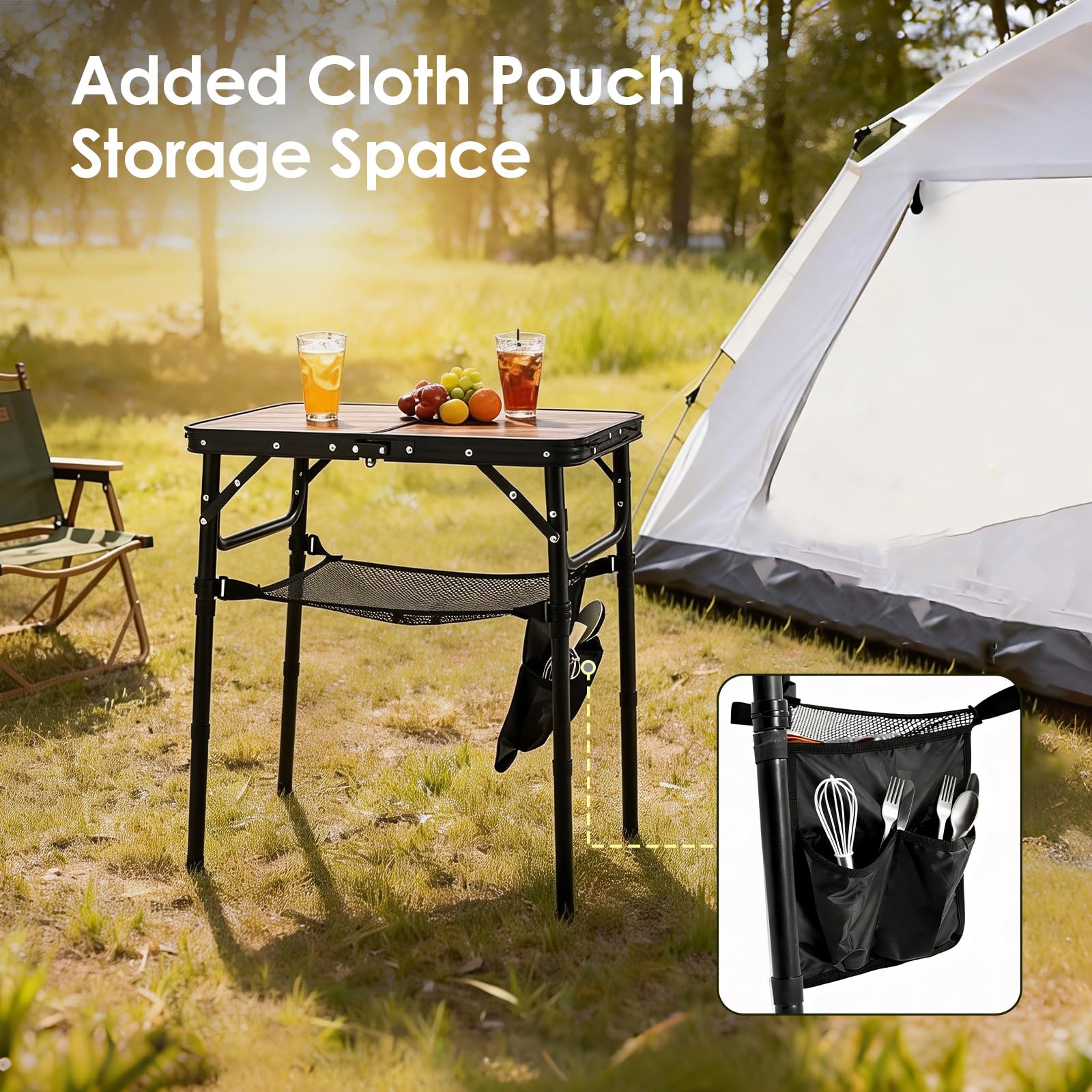 Kcmploro picnic table demonstrates adjustable legs for customizable height.