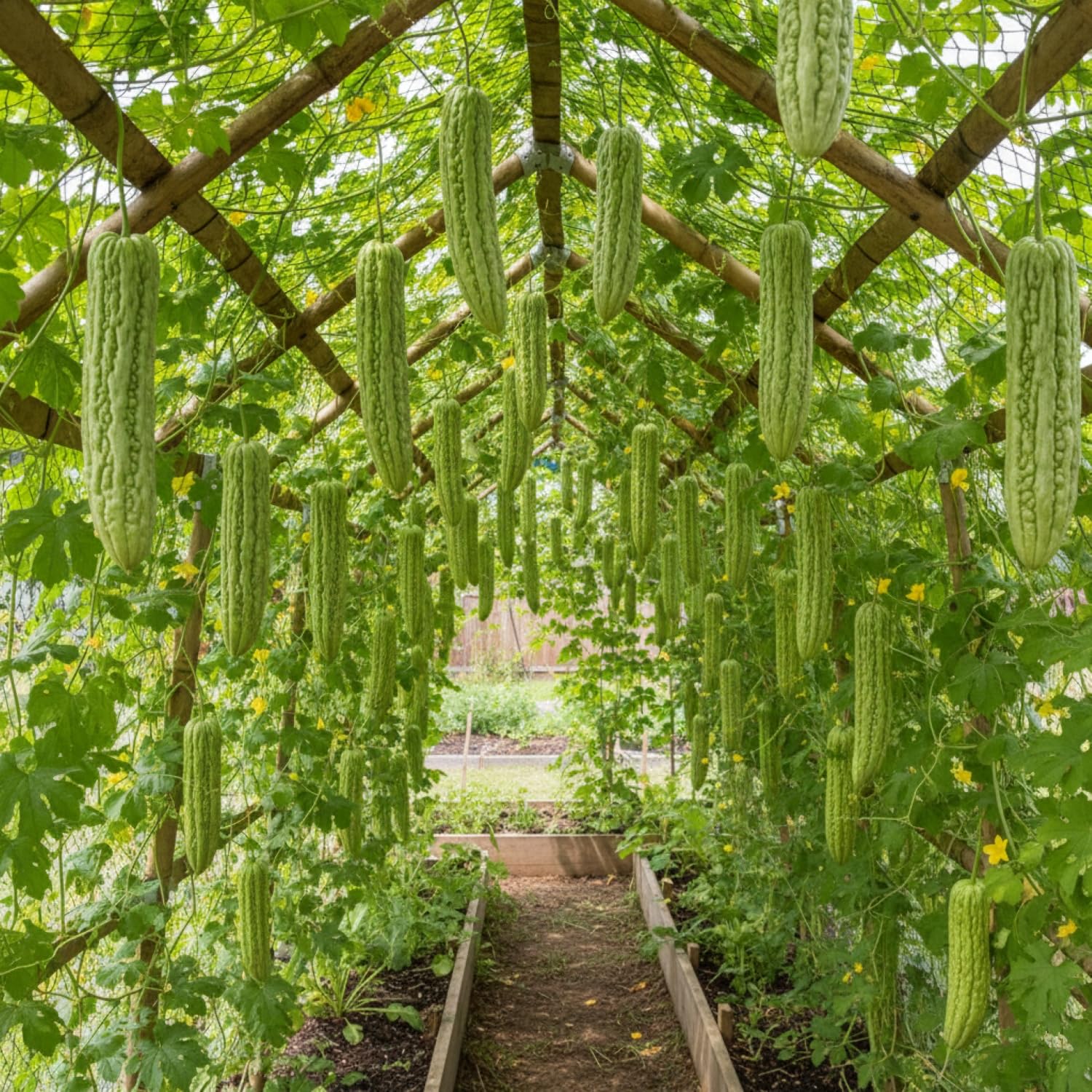 KCT Garden ampalaya fruits form on the vine, ready for harvest.