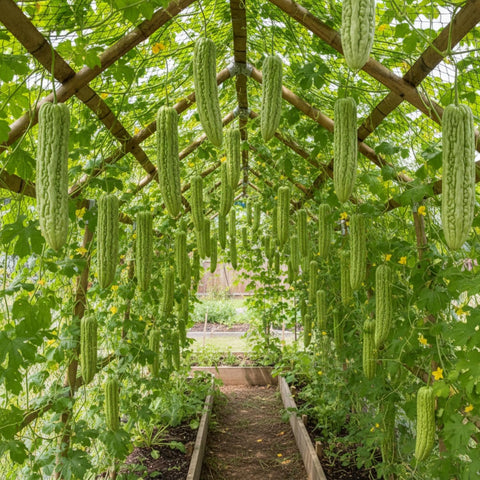 KCT Garden ampalaya fruits form on the vine, ready for harvest.