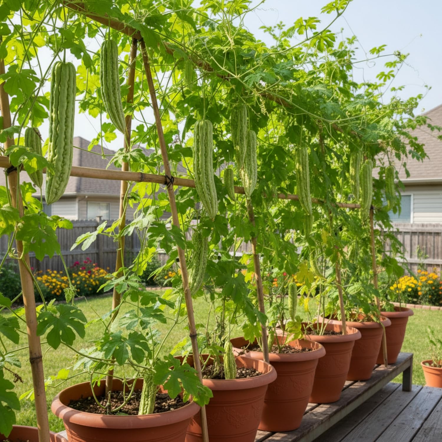 KCT Garden ampalaya trellis growth with climbing vines.