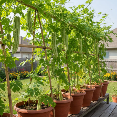 KCT Garden ampalaya trellis growth with climbing vines.