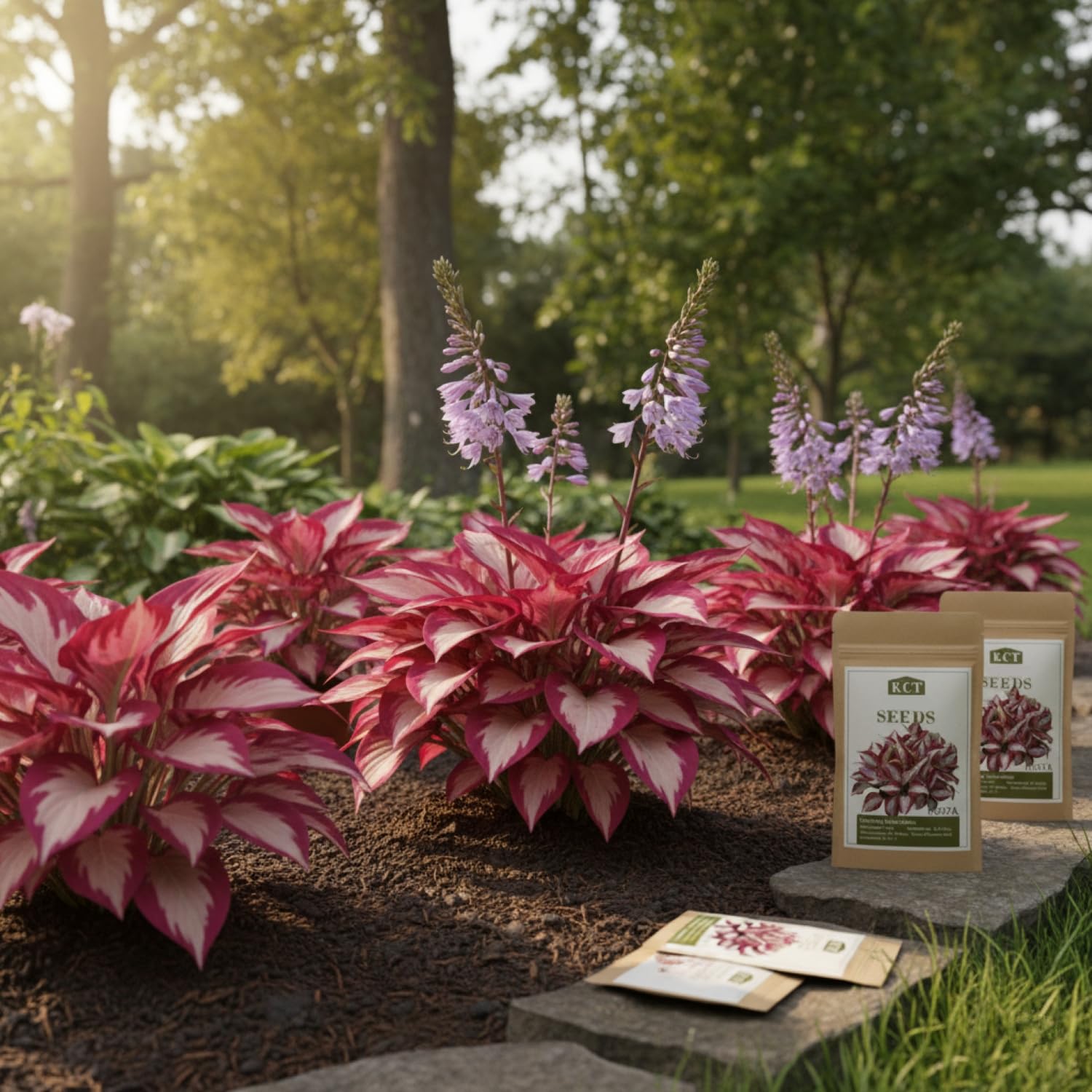 KCT Garden hosta seeds offer purple varieties for dramatic shade contrast.