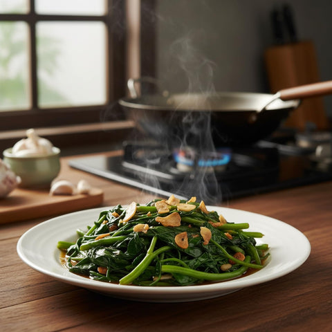 Nutrient-rich Kong Xin Cai greens from KCT GARDEN seeds.