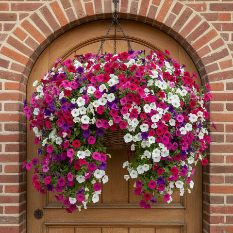 KCT GARDEN Mixed-color petunia seeds showing pink, purple and white blooms in sun
