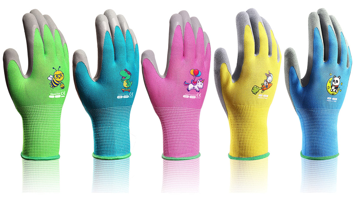 KDK kids gardening gloves pink with soft latex coating for comfortable grip.