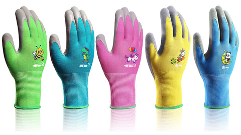 KDK kids gardening gloves pink with playful patterns and breathable fit for outdoor tasks.