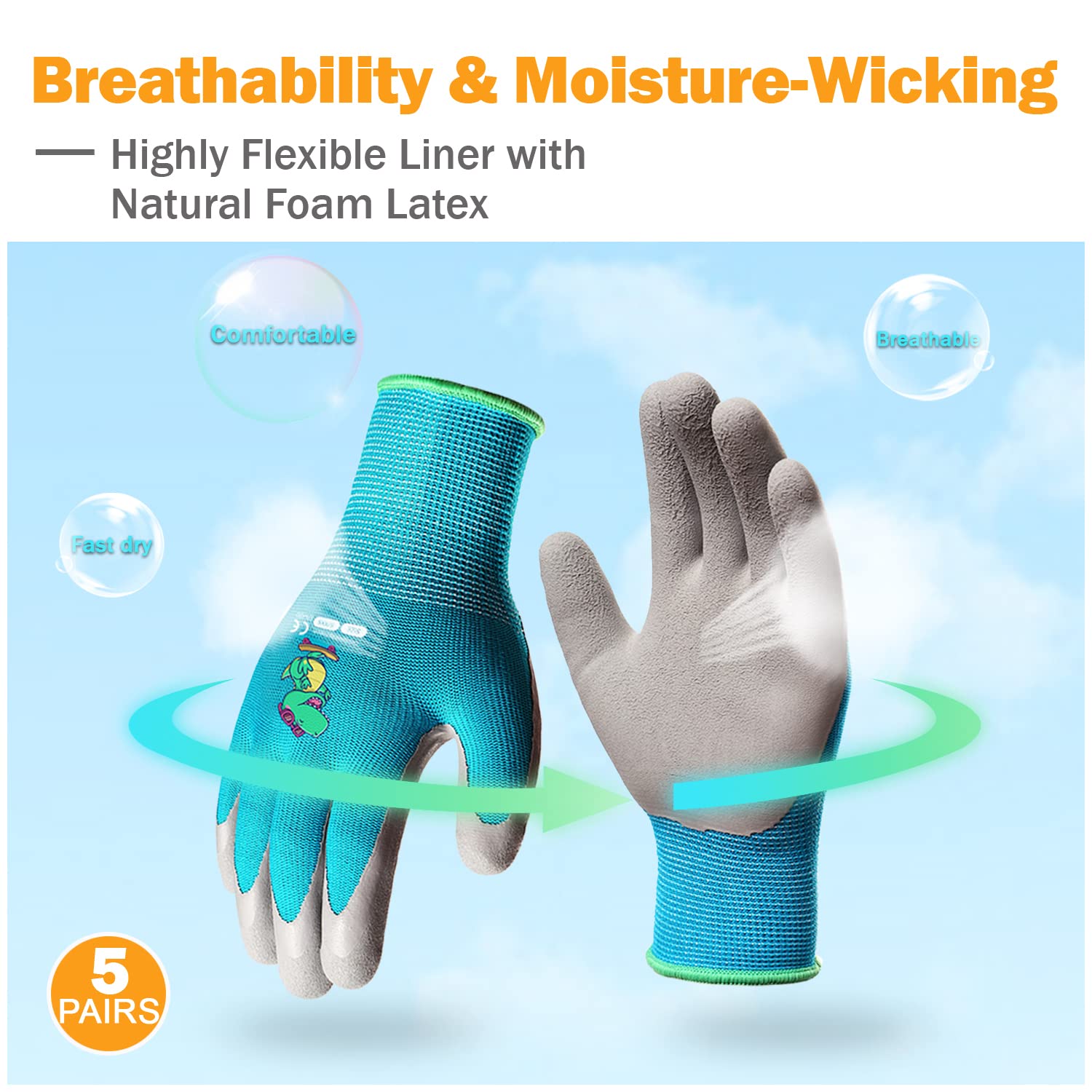 KDK kids gardening gloves yellow with cartoon designs for planting and watering.