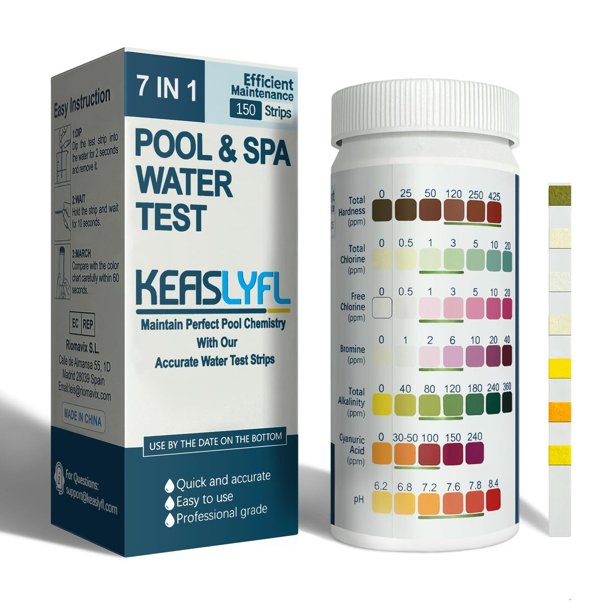 KEASLYFL 7-Way Pool Test Strips package for quick water checks