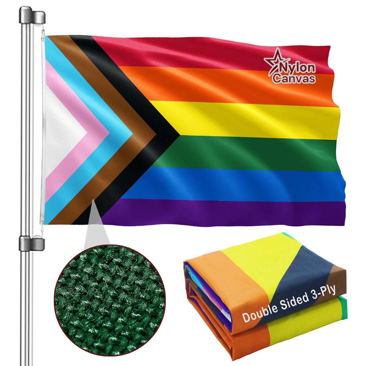Keblo Progress Pride Flag double-sided 3-ply for outdoor display.