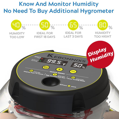 KEBONNIXS 12 Egg Incubator built-in candler enables noninvasive observation of eggs.