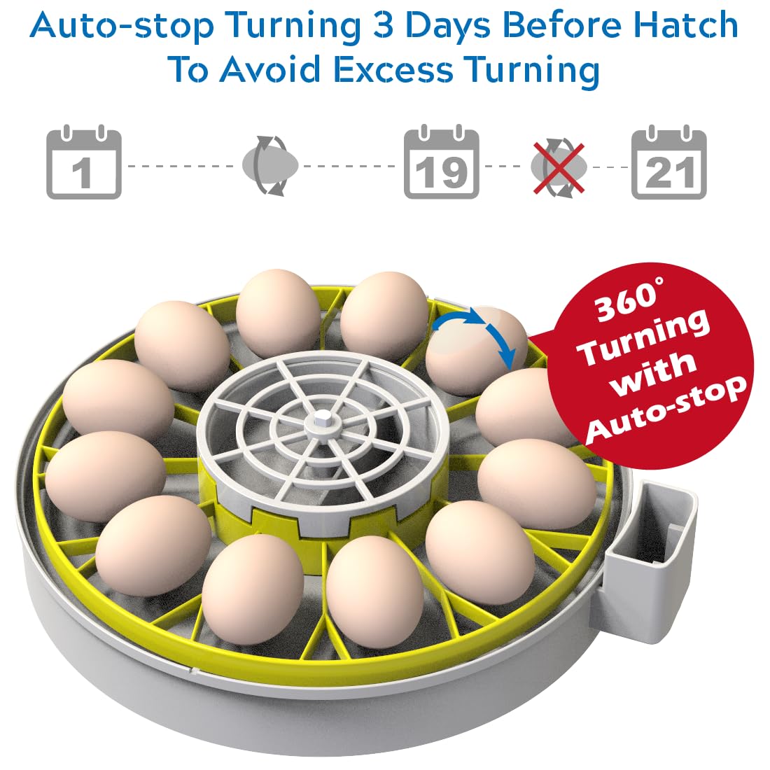 KEBONNIXS 12 Egg Incubator auto-turner pauses three days before hatch to prevent excessive turning.