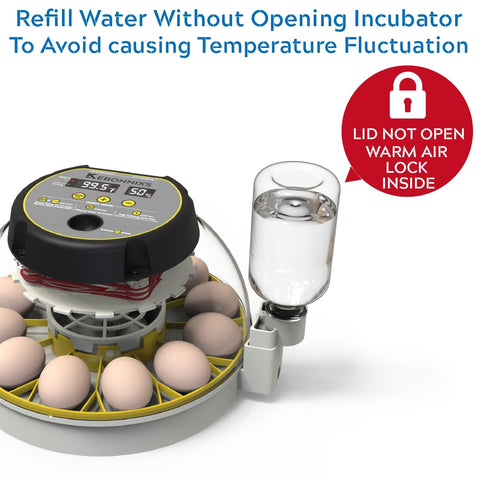 KEBONNIXS 12 Egg Incubator water-fill access allows easy moisture management without lid removal.